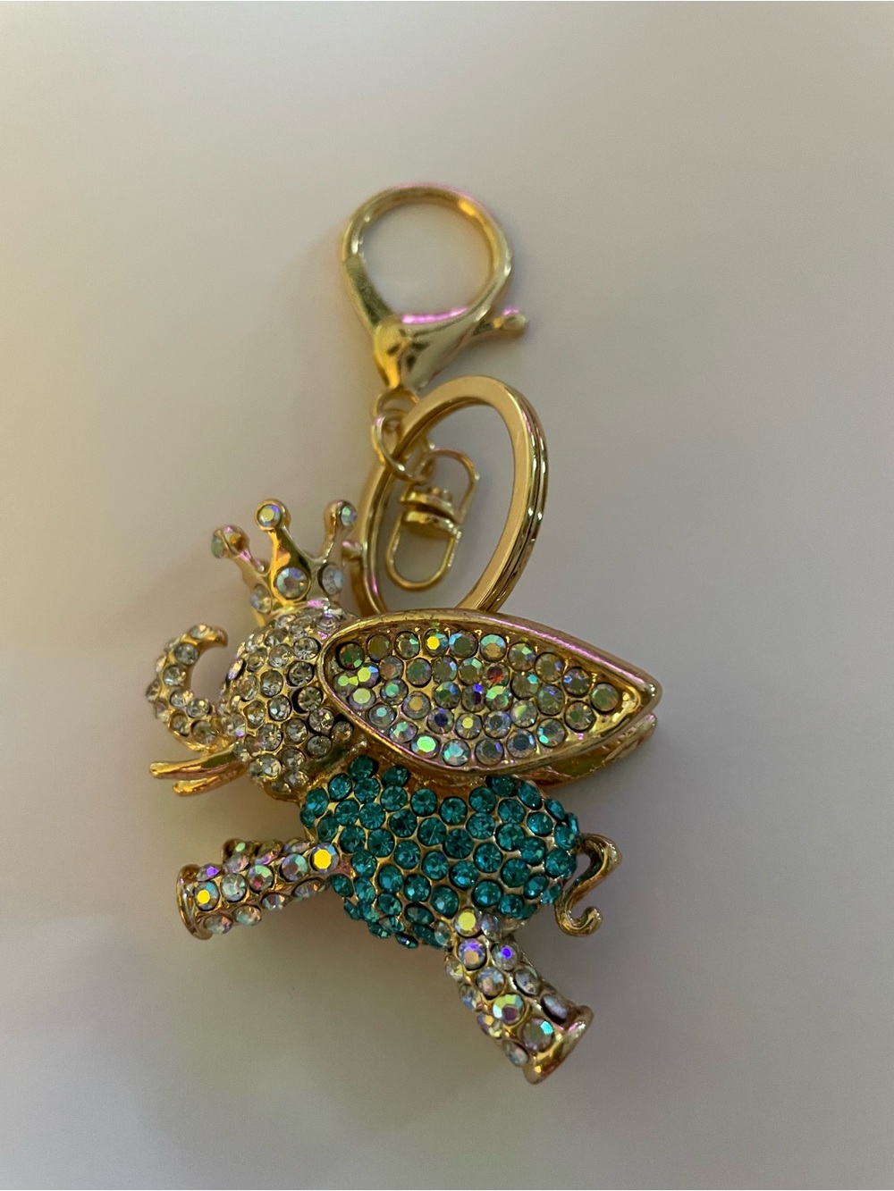 Gold Elephant  Bag Charm Keychain with Teal and Iridescent Crystals